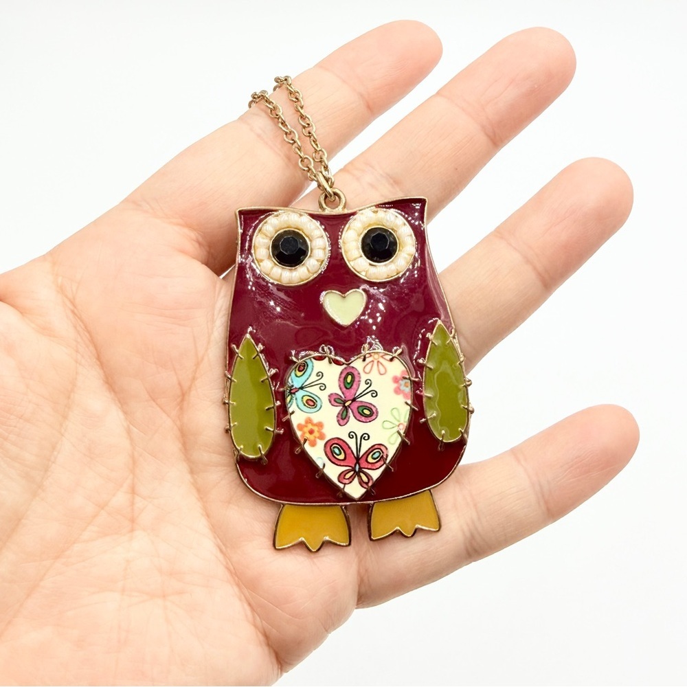 Vintage Enamel Owl Pendant Necklace Large Statement Gold Tone
